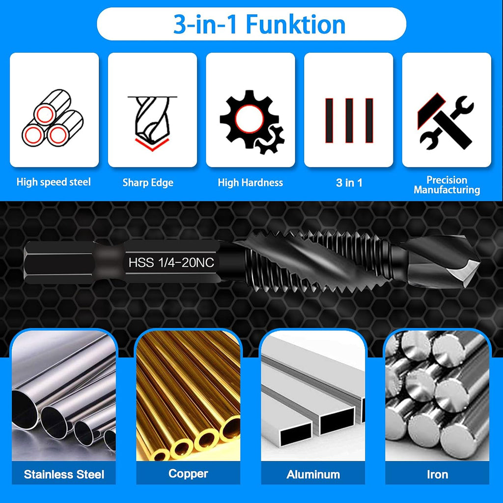 Drill & Tap Bits Set of 13 pcs - 6 SAE Sizes: 6-32NC to 1/4-20NC, 6 Metric Sizes: M3 to M10 and a Quick-Change Adapter – Combine Drilling Tapping Threading Countersinking Functions in One Bit, Black