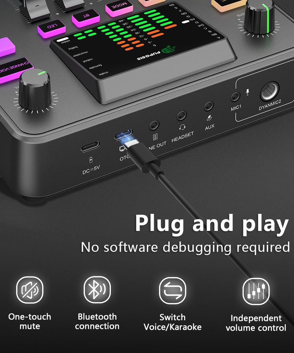 PUPGSIS Gaming Audio Mixer For Streaming, Sound Board for PC/Phone | 1/4" TRS Dynamic Mic