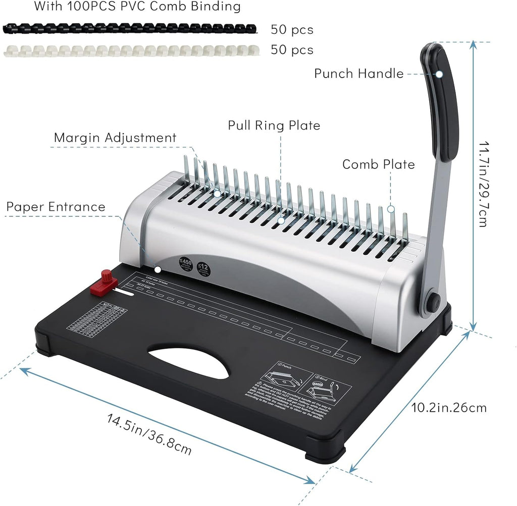 Comb Binding Machine, 21-Holes, 450 Sheets, Paper Punch Binder with Starter Kit 100 PCS PVC Comb Bindings Perfect for