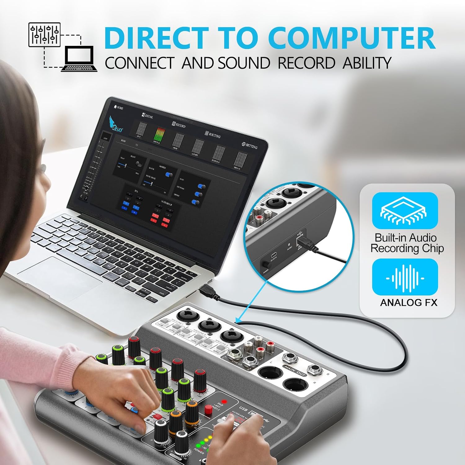 5 Channel Audio Mixer, Built-in PC Recording Interface Sound Board | 48V Phantom Power, Bluetooth&USB Playback, Echo