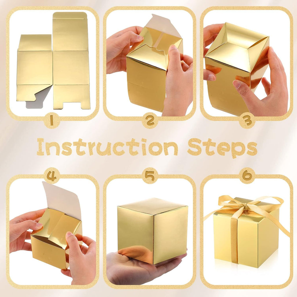 200 Pcs Small Gift Boxes 3x3x3 Inches Gold with Ribbons Kraft