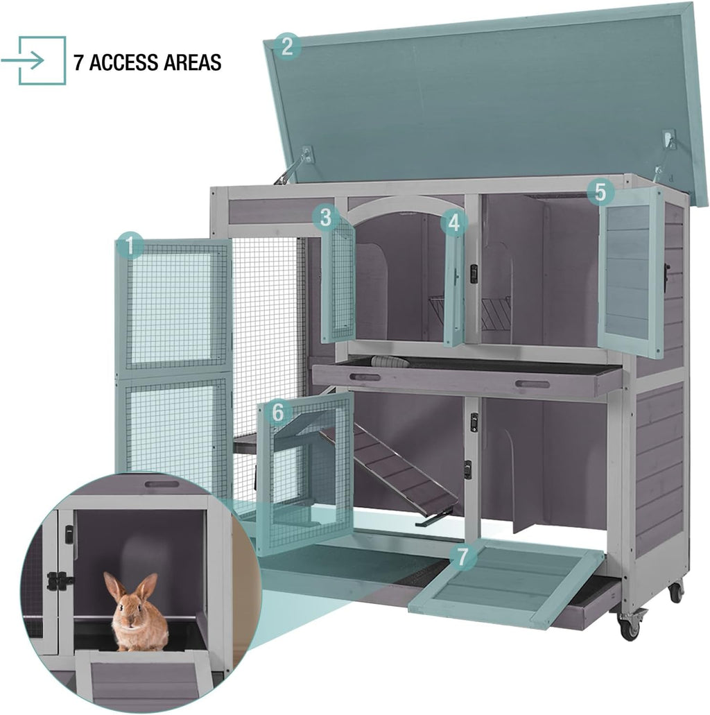 2-Tier Indoor Rabbit Hutch Bunny House Guinea Pig Cage with Sliding Plastic Trays, Wheels & Ramp, 47.2" Multi-Door