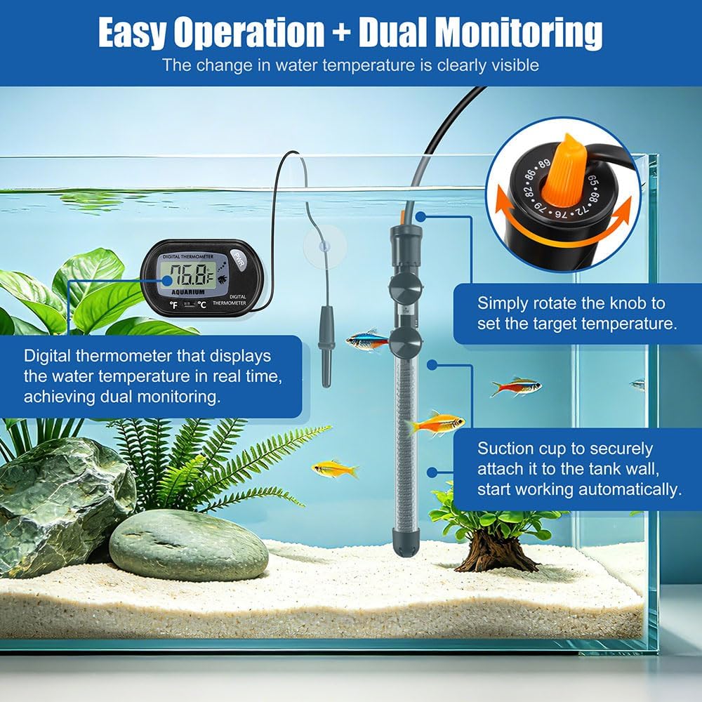 300W Adjustable Knob Aquarium Heater Submersible Fish Tank Heater with Digital Thermometer for Saltwater and
