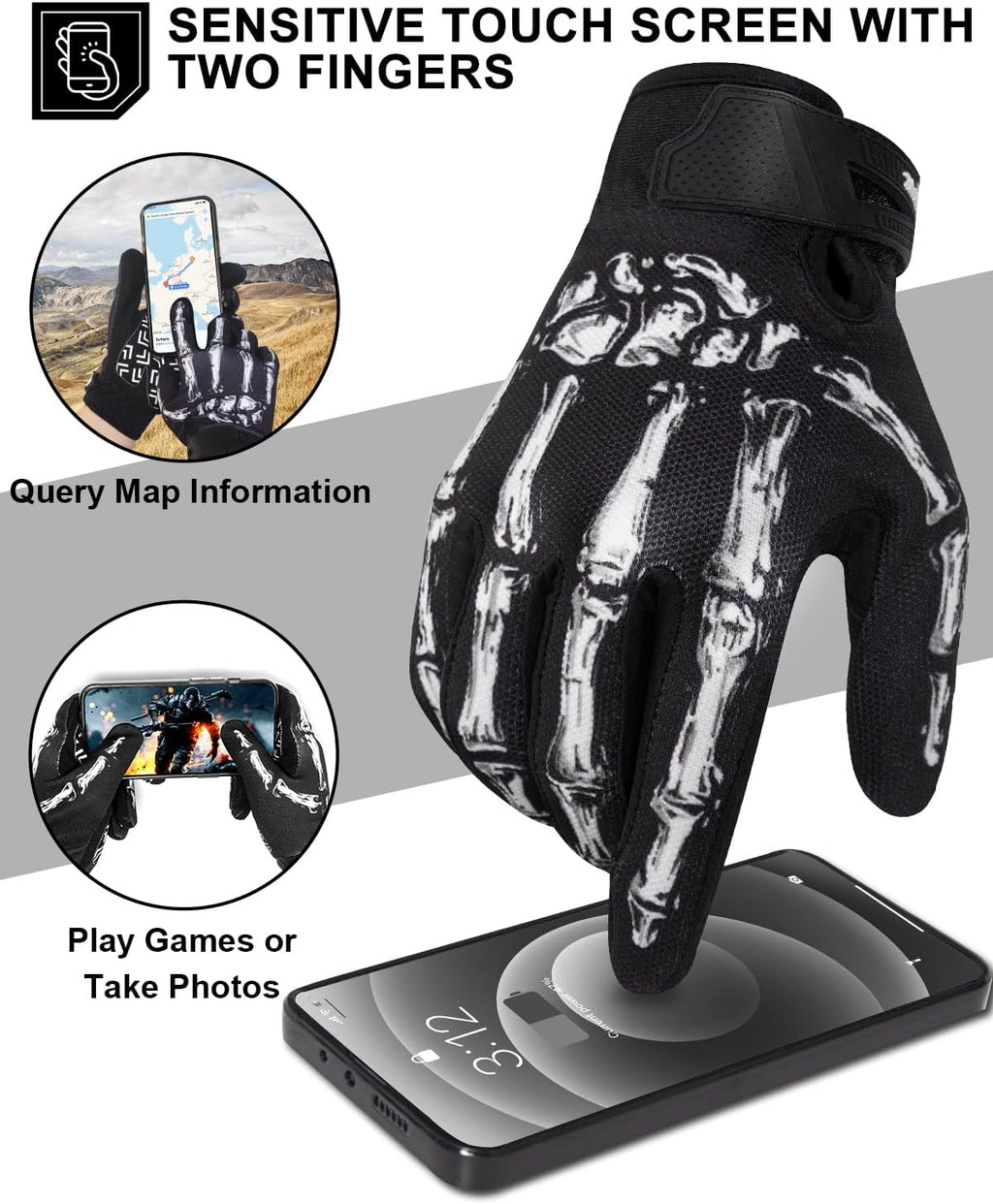 Motorcycle Gloves for Men Women Touchscreen, Lightweight Dirt Bike Glove Non-Slip, Skeleton Motorcycle Riding Glove