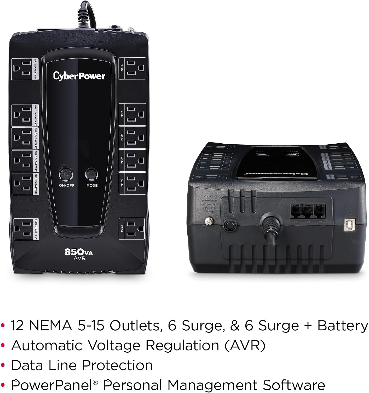 LE850G UPS Battery Backup & Surge Protector | 850VA/460W, Line Interactive, AVR, 12 Outlets (4 Wide-Spaced), RJ11
