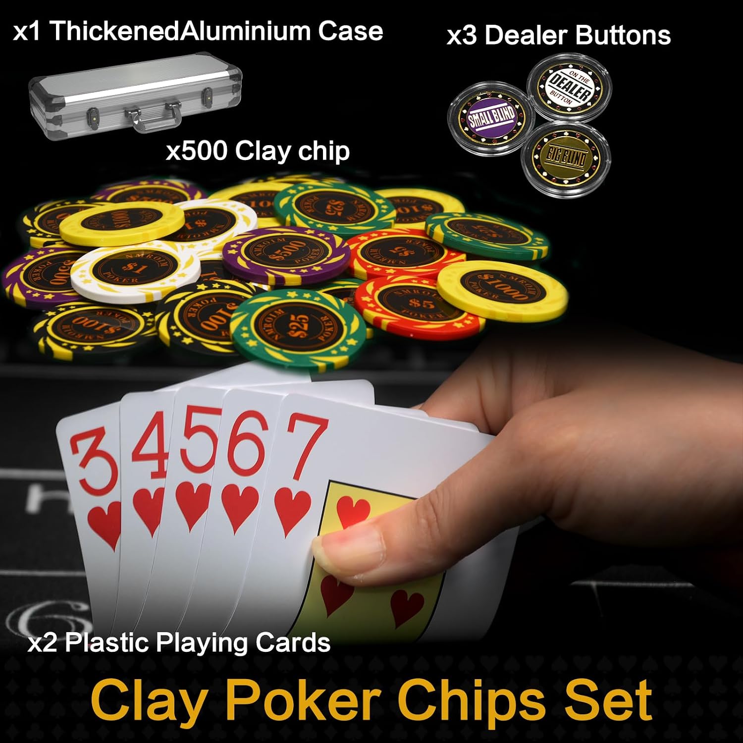 13.5 Gram Clay Poker Chip Set Texas Hold'em Casino Chips 2 Decks of Cards, Aluminum Case Dealer Buttons, for