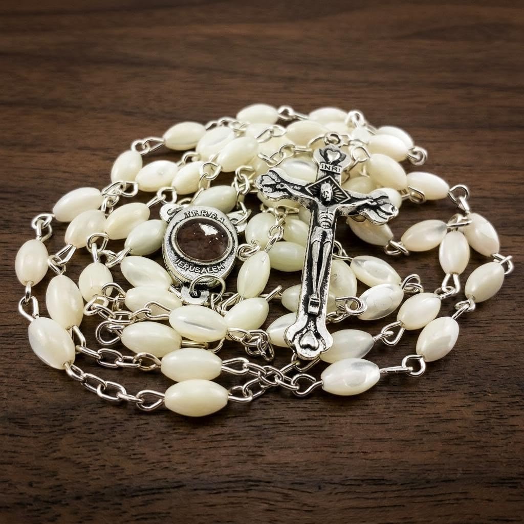 Nazareth Store Mother of Pearl Catholic Rosary Necklace with 6-7mm Nacre Beads Jerusalem Holy Soil Medal Oxidized