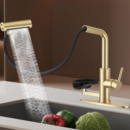 Pull Down Kitchen Faucet with Glass Rinser (Brushed Gold)