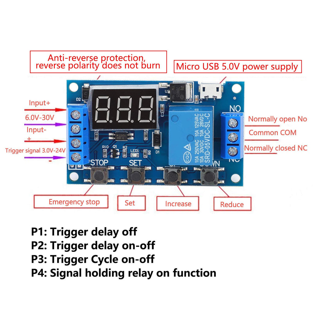 Fafeicy Relay Module, JZ-801, Delay Cycle Timing Circuit Switch, LCD Display, Micro USB Power Supply, 6-30V, Programmable Smart Home Controller