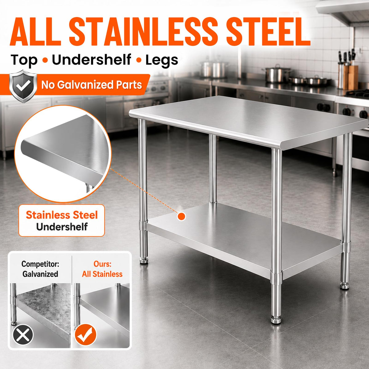 30 x 36 Inch All Stainless Steel Work Table, Commercial Prep Table