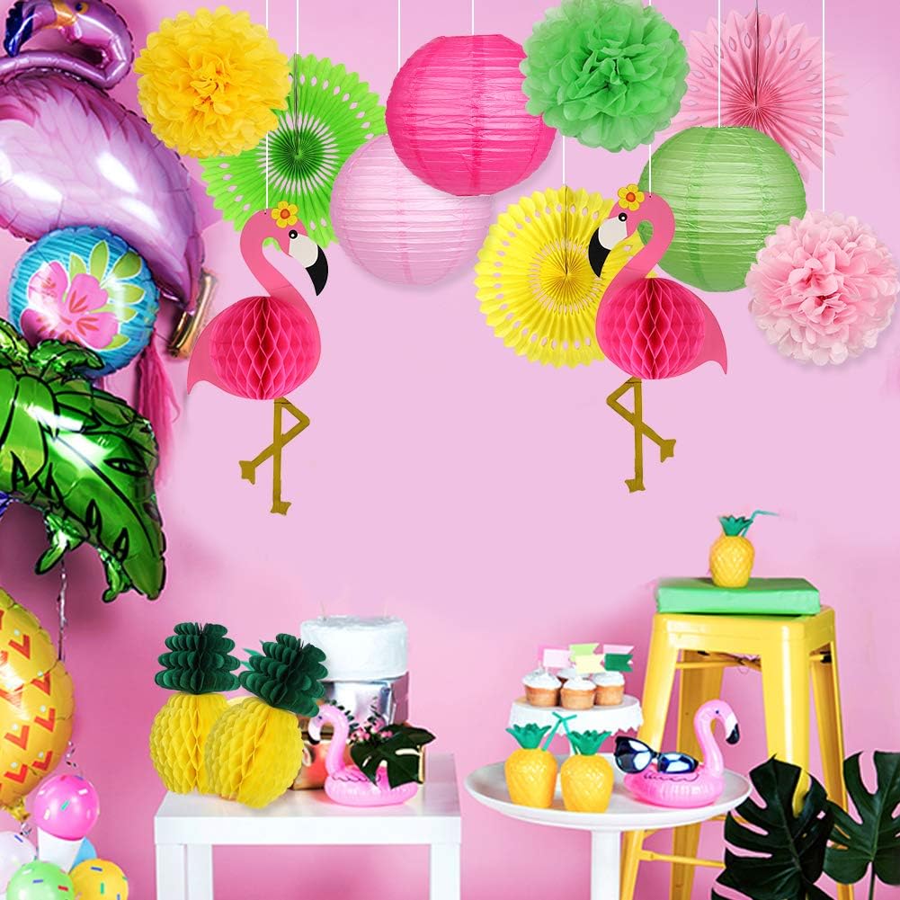 Flamingo Party Supplies, Hawaiian Party Decorations Flamingo and Pineapple Honeycomb Ball Paper Lanterns Paper Fans
