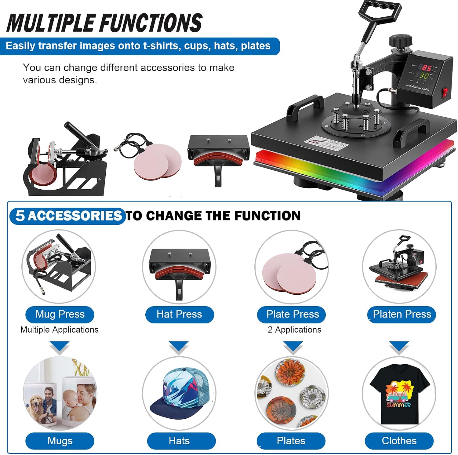 5 in 1 Heat Press Machine, Heat Press 15x15 inch, T Shirt Pressing Machine Slide Out Design, Multifunction Heat Press