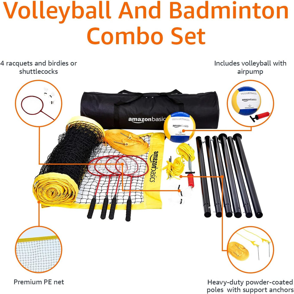 Portable Outdoor Volleyball and Badminton Combo Set with Sturdy Poles and Storage Bag