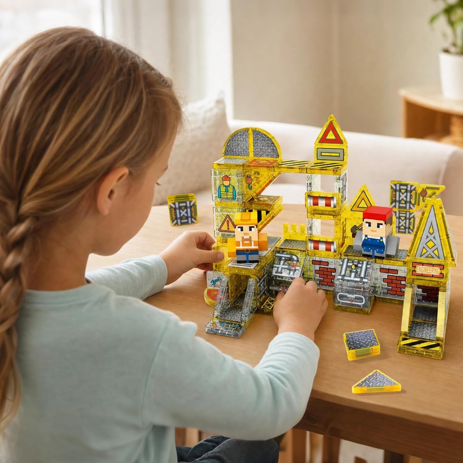 100PCS Magnetic Tiles-Engineering Theme, Mini Magnet Building Tiles, STEM Educational 3D Blocks with 2 Figures