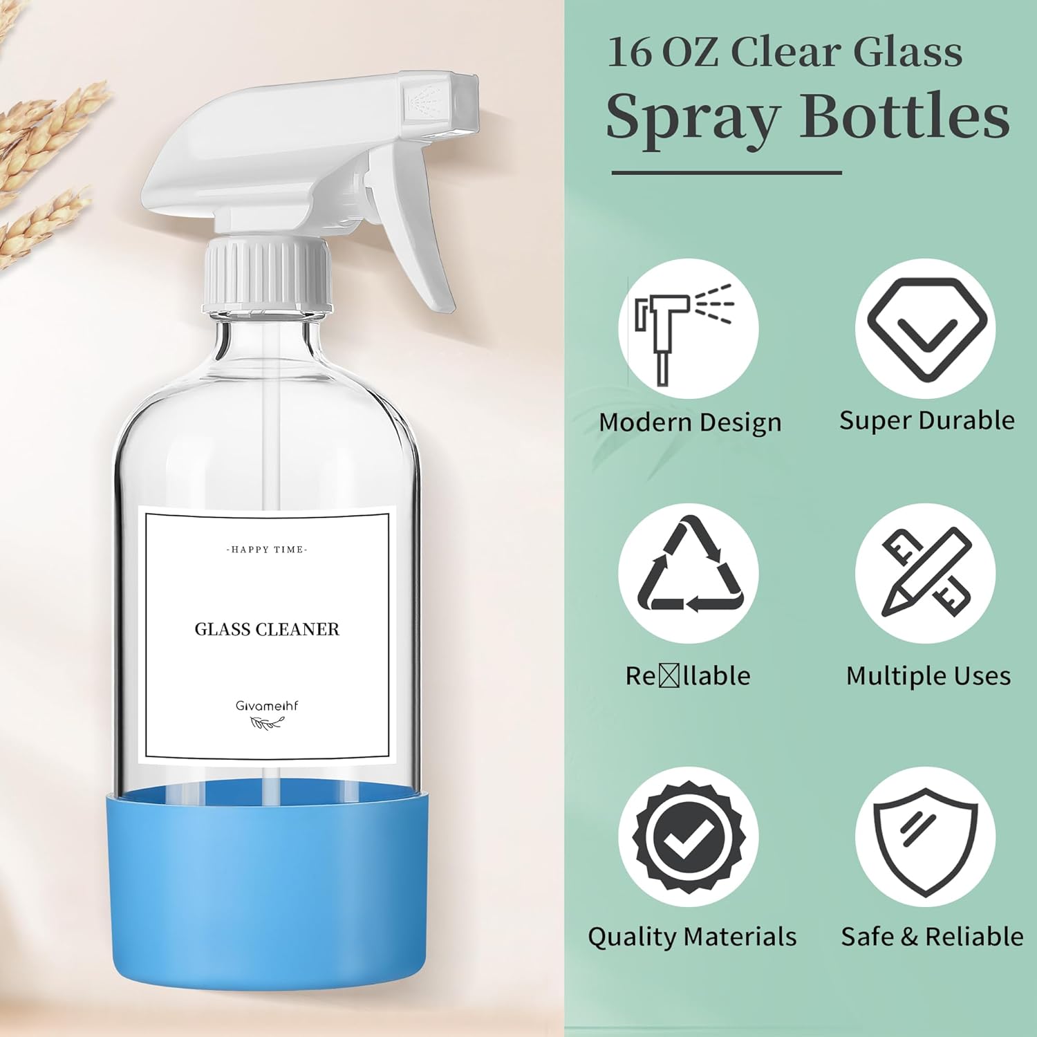 16oz Clear Glass Spray Bottles,6 Pack Glass Spray Bottles Refillable Empty Bottle with Adjustable Nozzle,Spray Bottle