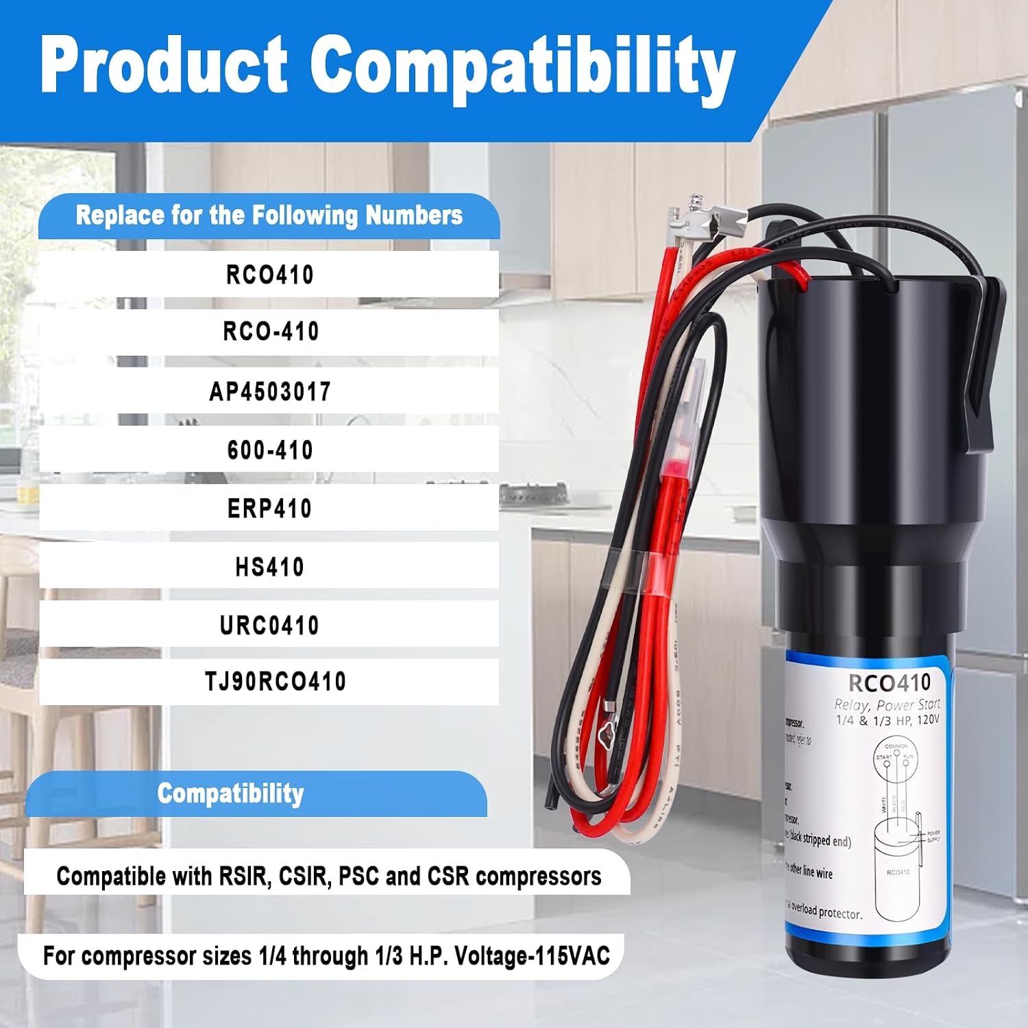 RCO410 3-in-1 Hard Start Capacitor Kit, Compatible with Refrigerators & Freezers, 1/4-1/3 H.P. 115VAC (2 pcs)