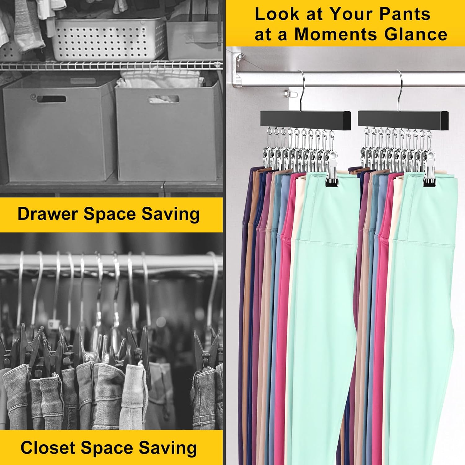 Legging Organizer for Closet, Pants Hangers with Clips Holds 20 Leggings, Jeans, Hats, Shorts, Socks, 360° Rotating