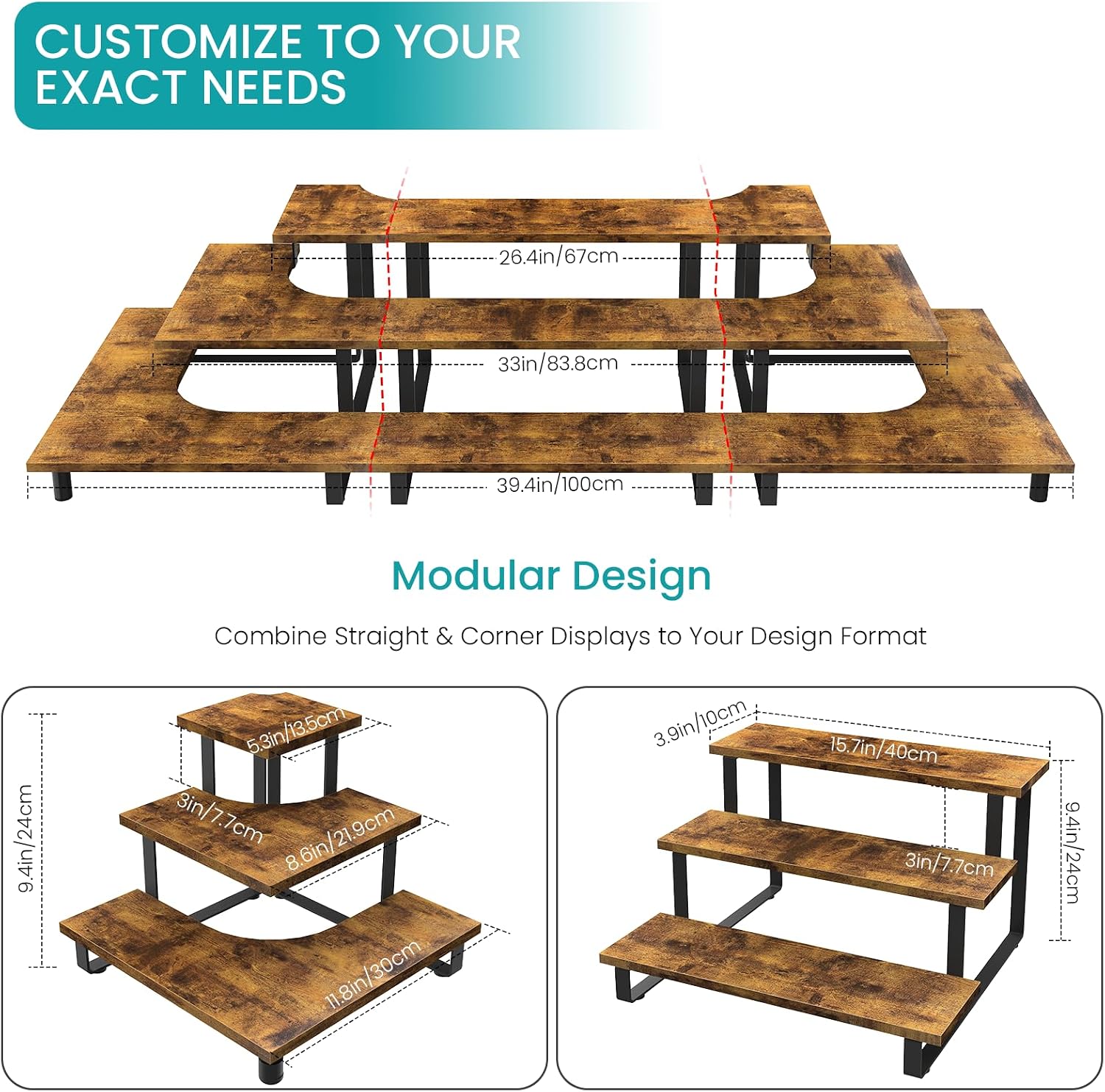 3 Tier Wooden Display Riser Stand, Portable Products Display Shelf, 3 Step Straight Display Rack for Retail Tabletop