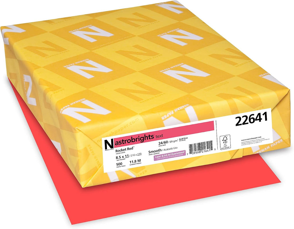 Neenah Astrobrights Color Paper, 8.5”x11”, 89gsm, Rocket Red, 500 Sheets (22641), 24lb Colored Paper