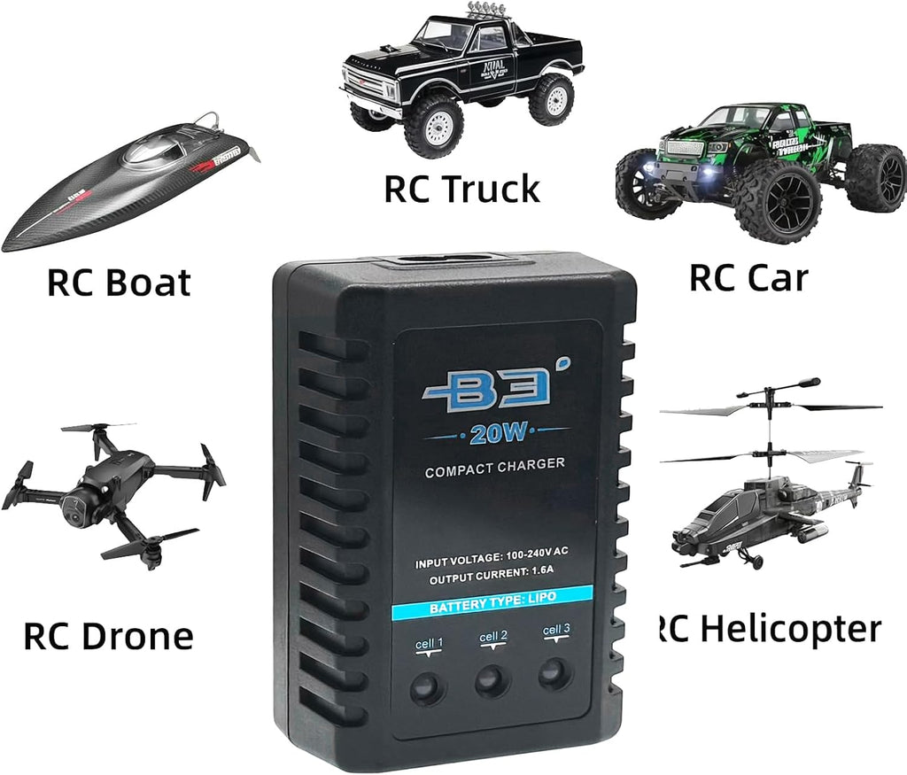 B3 Lipo Battery Charger 2S-3S RC Balance Charger with XH3P XH4P Plug for RC Car Batteries Drone Boat Airplane Truck