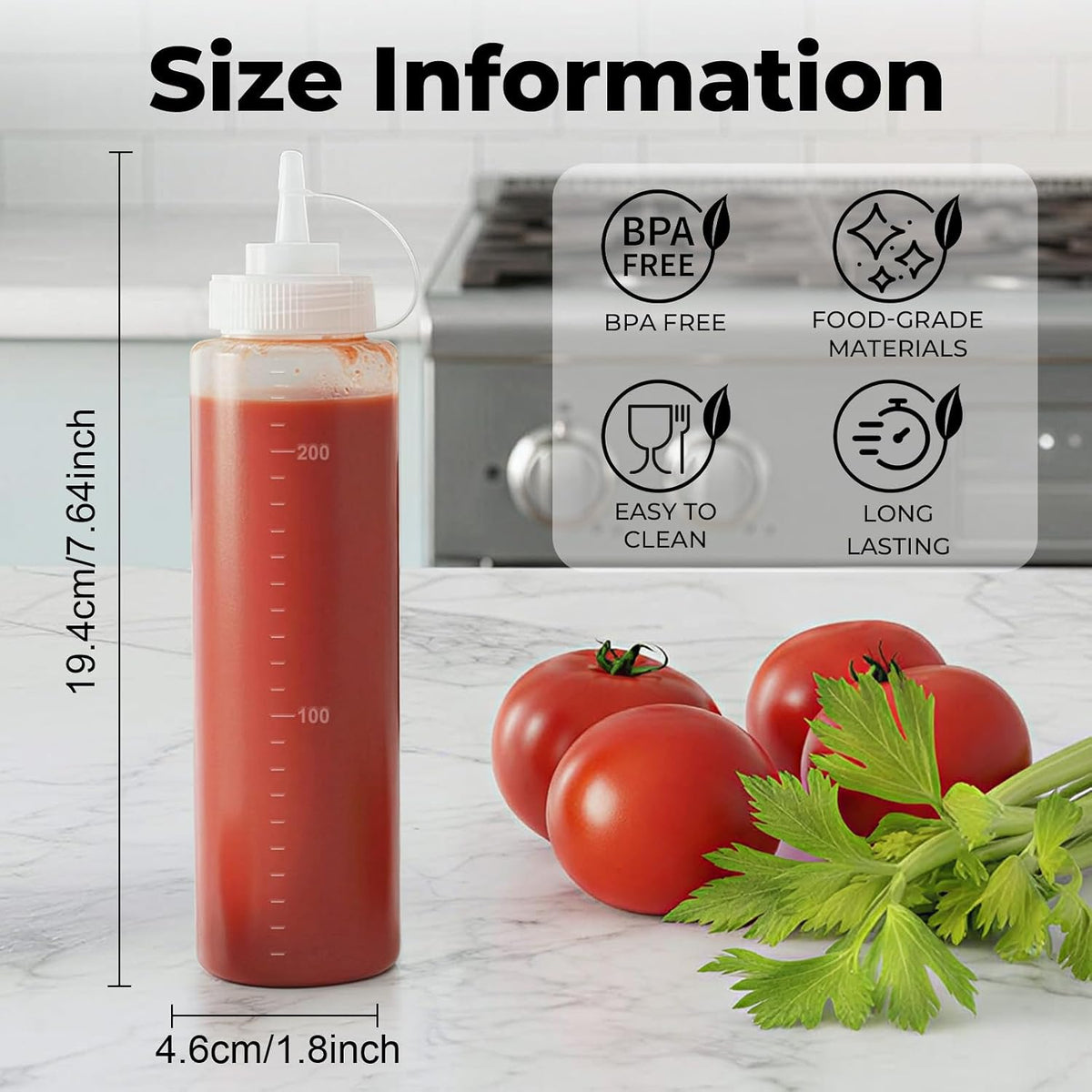 8oz Condiment Squeeze Bottles, 6 Pack Durable Plastic Sauce Bottles
