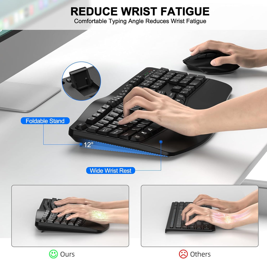 Wireless Keyboard and Mouse Combo, 2.4G Ergonomic Wave Keys(Black) | Full Size Wave Keyboard with Wrist Rest, 3-Level