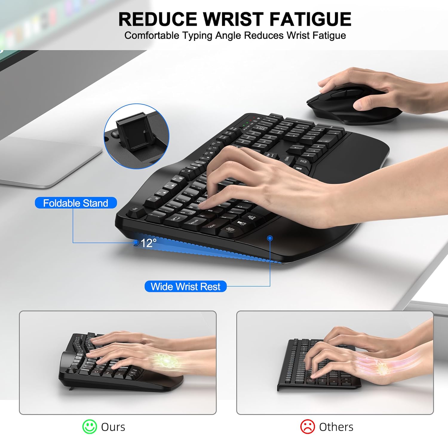 Wireless Keyboard and Mouse Combo, 2.4G Ergonomic Wave Keys(Black) | Full Size Wave Keyboard with Wrist Rest, 3-Level