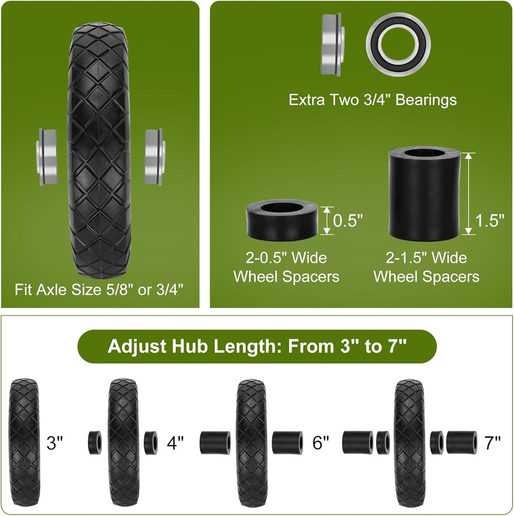 Upgraded 16" Flat Free Wheelbarrow Wheels and Tires, 4.80/4.00-8 Solid Tires with 5/8" & 3/4" Bearings,14"-16"