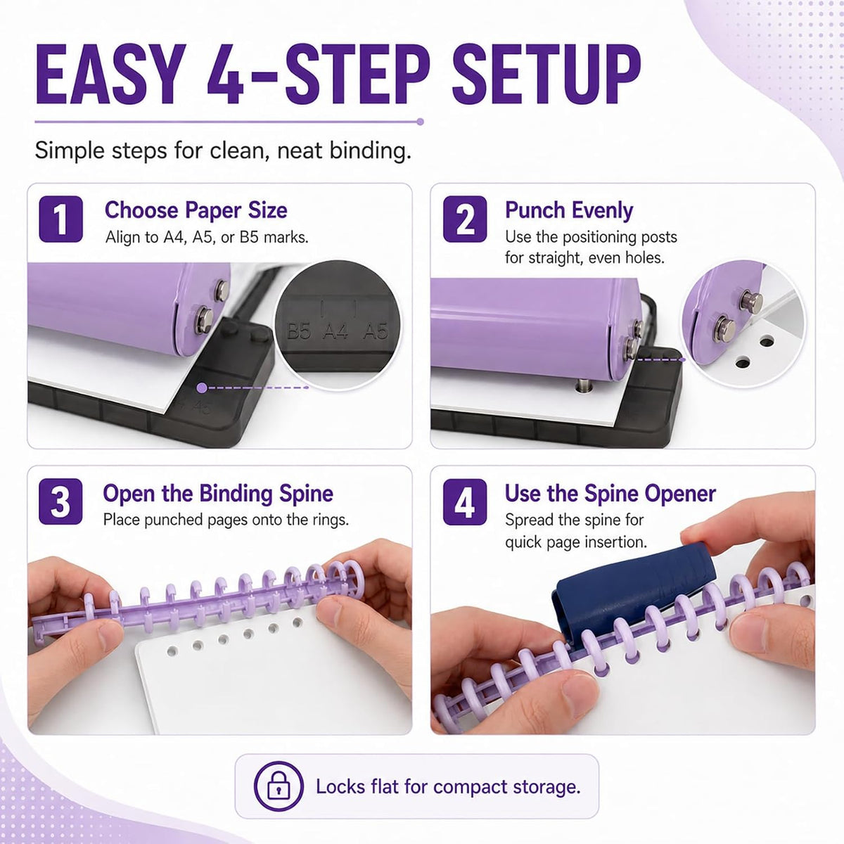 10 Hole Punch Binding Machine Kit for Planner (Purple) with 10 Multi-Color Spiral Coils, Adjustable A4 A5 B5 Paper