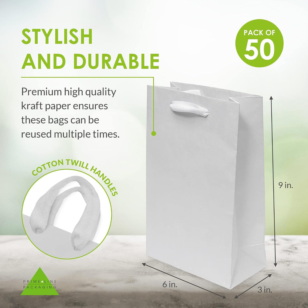 Small White Gift Bags with Handles, 6x3x9 In, 50 Pack