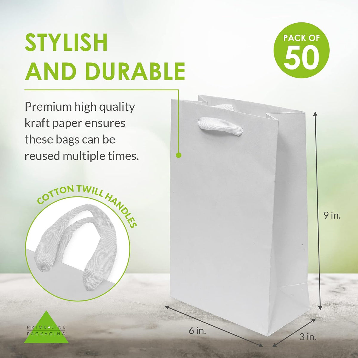 Small White Gift Bags with Handles, 6x3x9 In, 50 Pack