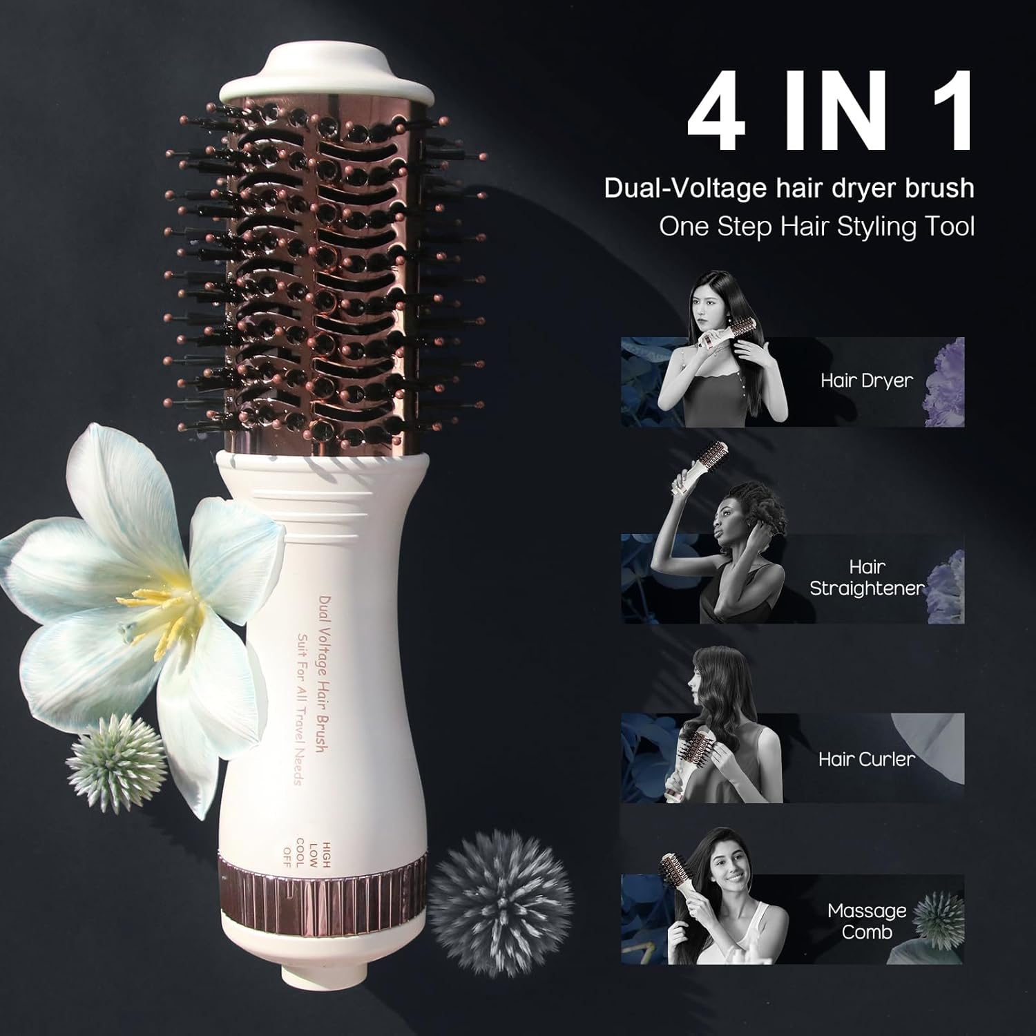 Travel Dual Voltage Hair Dryer Brush 4-IN-1 Portable Mini Hot Air Blow Dryer Straightener & Curler Brush, Titanium