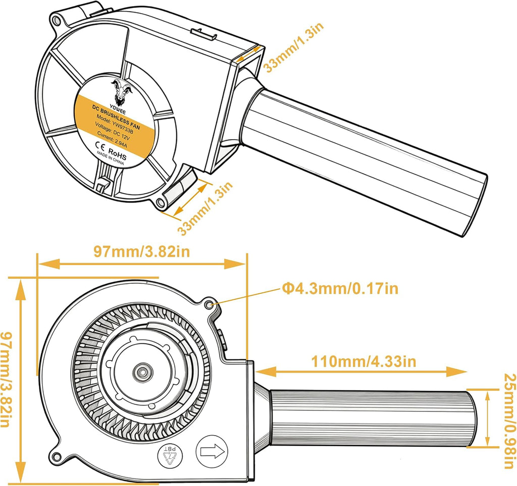 YOWEE BREEZE 97mm x 33mm 12V Centrifugal Blower,AC 100V-240V Speed Control
