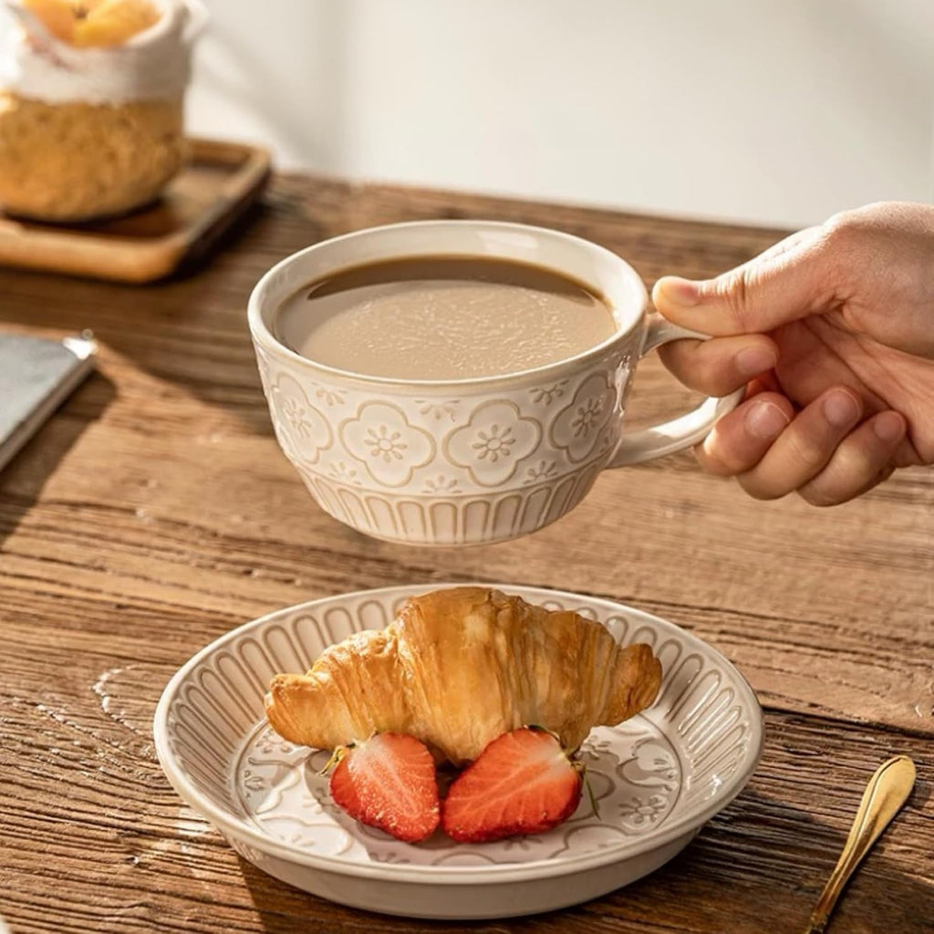 Cappuccino Cups with Saucers, 10 oz Ceramic, Set of 4