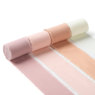 4 Rolls Handmade Fringe Chiffon Ribbon 2" W x 5Yd Per Roll,Pink & Cream Silk-Like Ribbons Set (2" x 20Yd, Pink & Cream)
