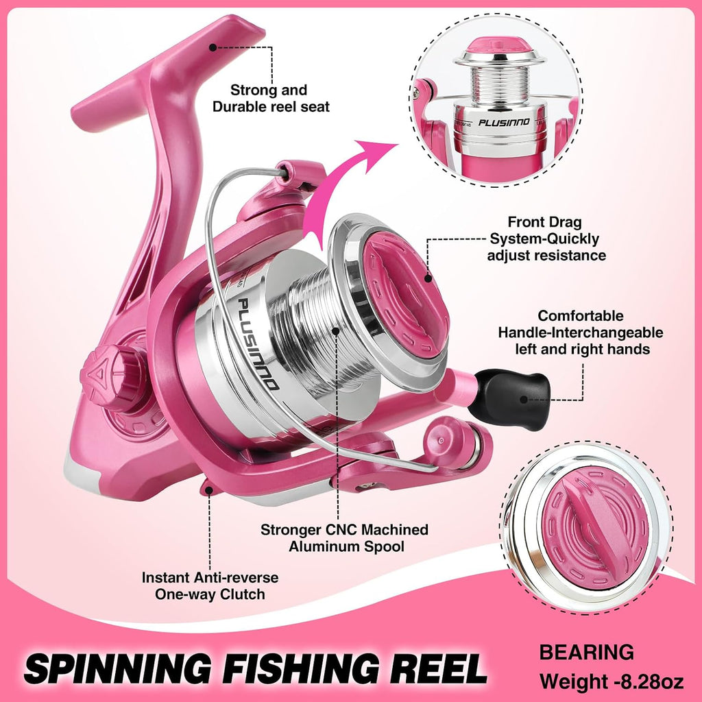 Fishing Rod and Reel Combos, Fishing Gear Gifts for Women with Spinning Reel, Lures, Line, Pink Ladies Telescopic