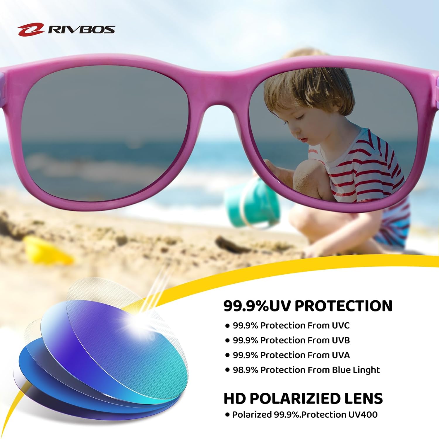 Kids Sunglasses Polarized UV400 TPE with Strap for Boys Girls RBK004 | Flexible rubber frame with UV protection and