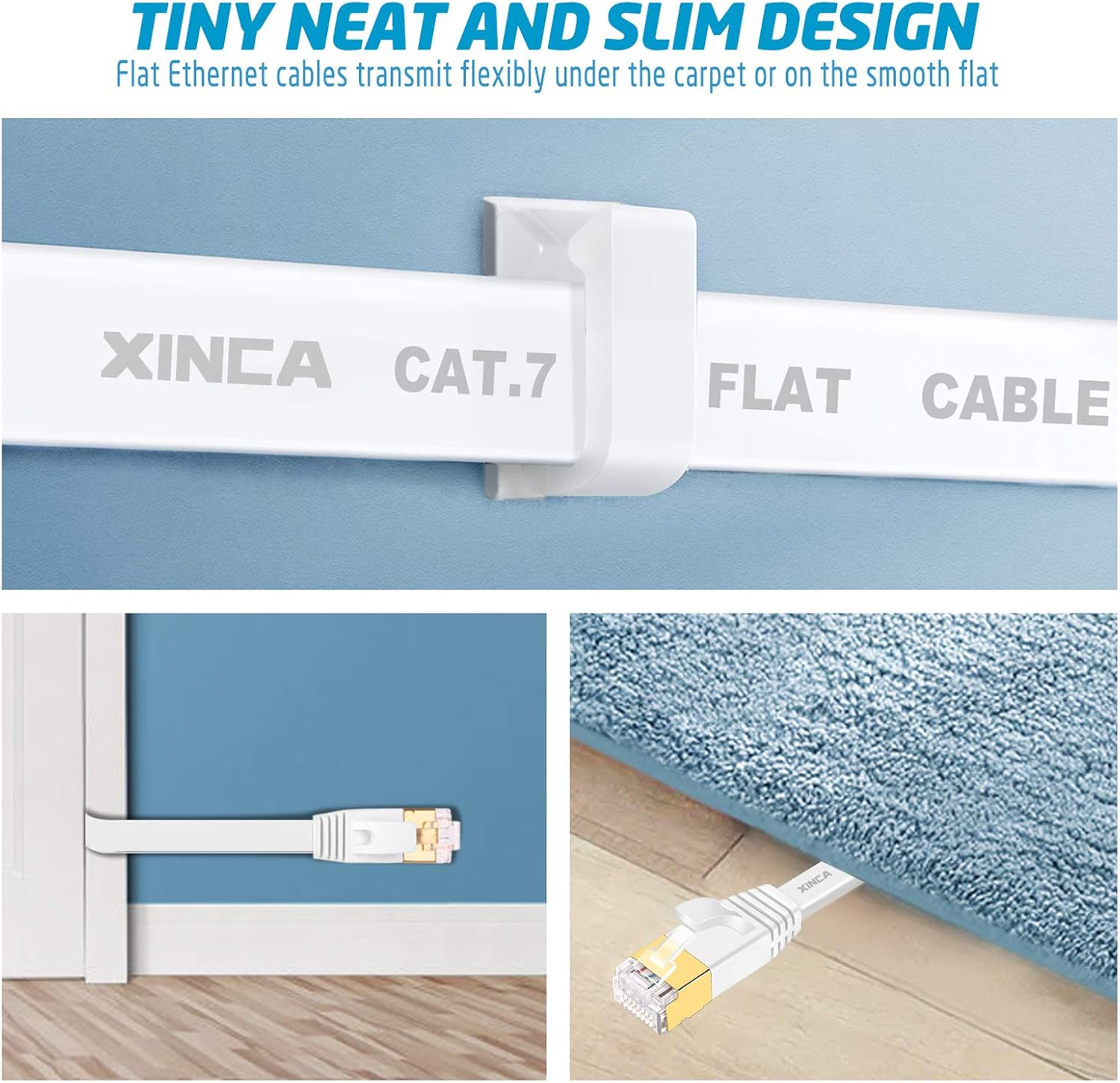 Cat 7 Flat Ethernet Cable 50ft White, High Speed 10GB Shielded (STP) LAN Internet Network Cable Ethernet Patch