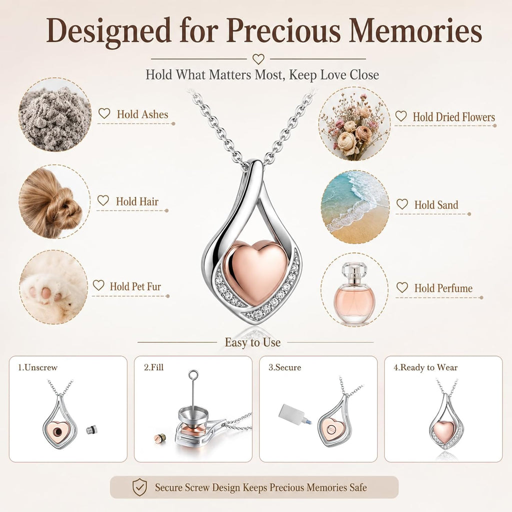 Cremation Jewelry 925 Sterling Silver Teardrop Urn Necklace for Ashes Heart Shape Memorial Keepsake Pendant for Human