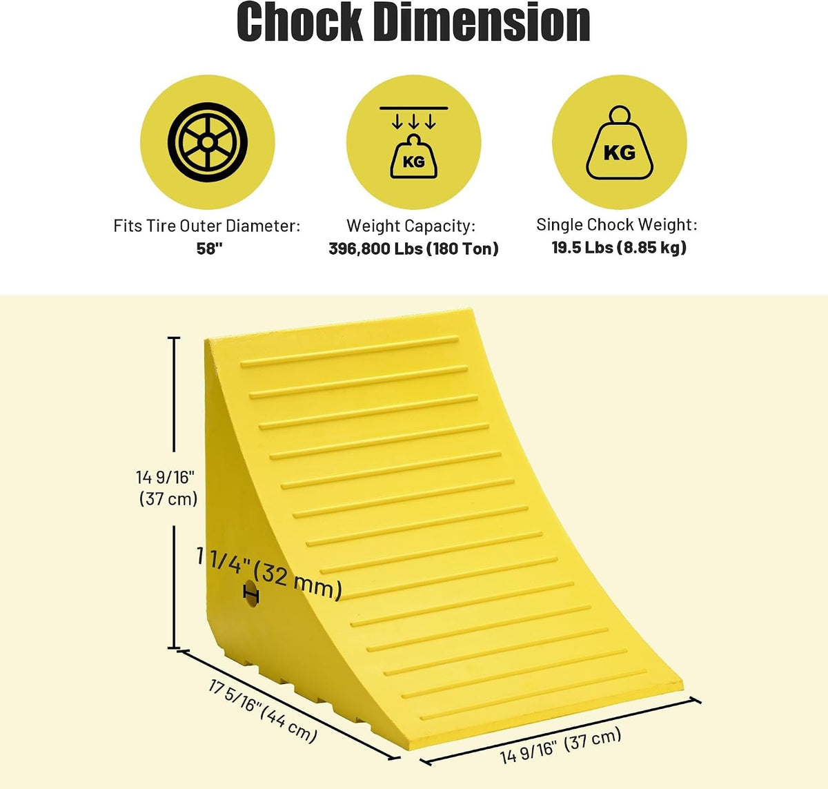 Extra Large Wheel Chocks for Tires Under 58" 180 Ton Load Capacity