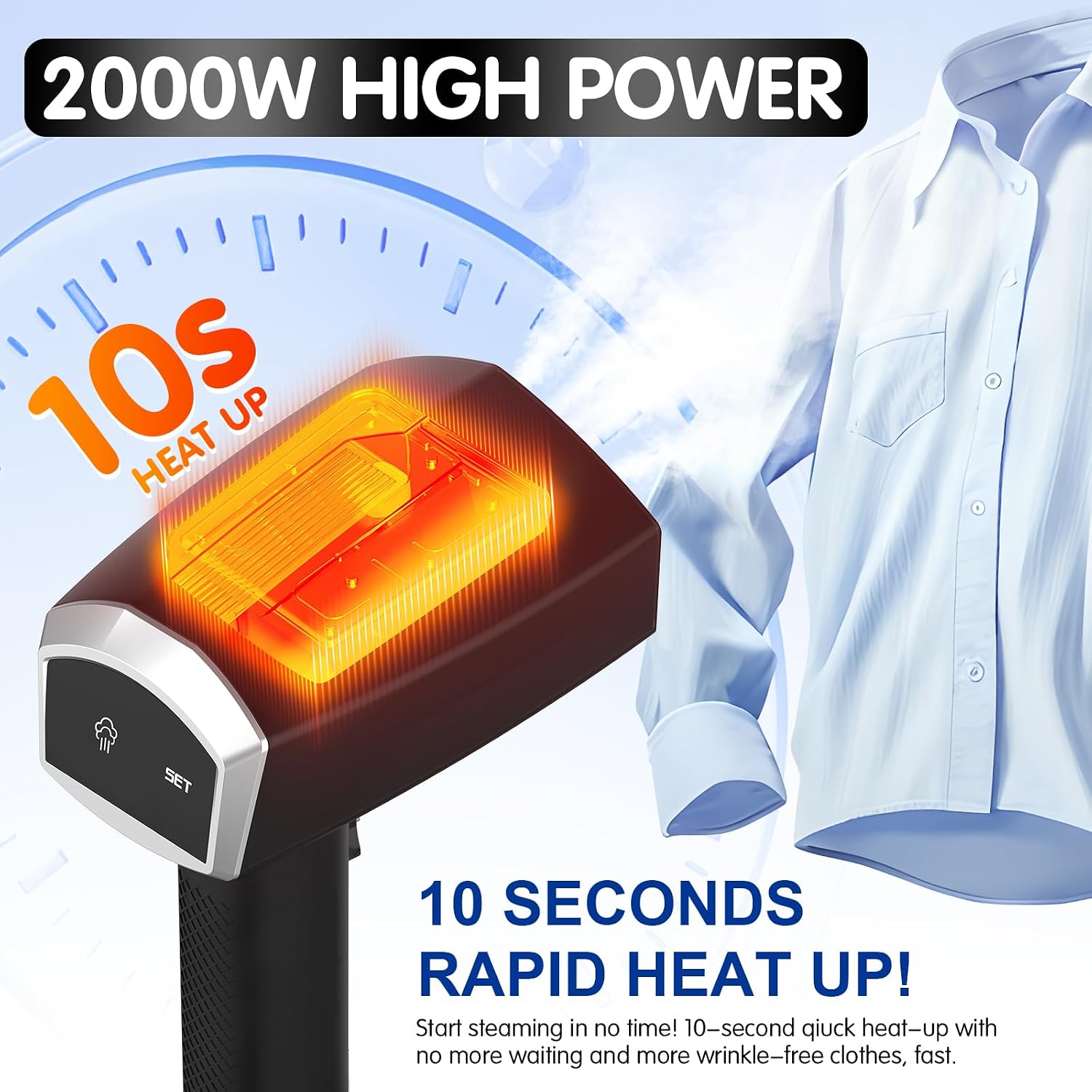 Handheld Garment Steamer for Clothes, 2000W, 10s Heat-Up, 350ml Tank | 40g/min steaming with 3 settings for delicate