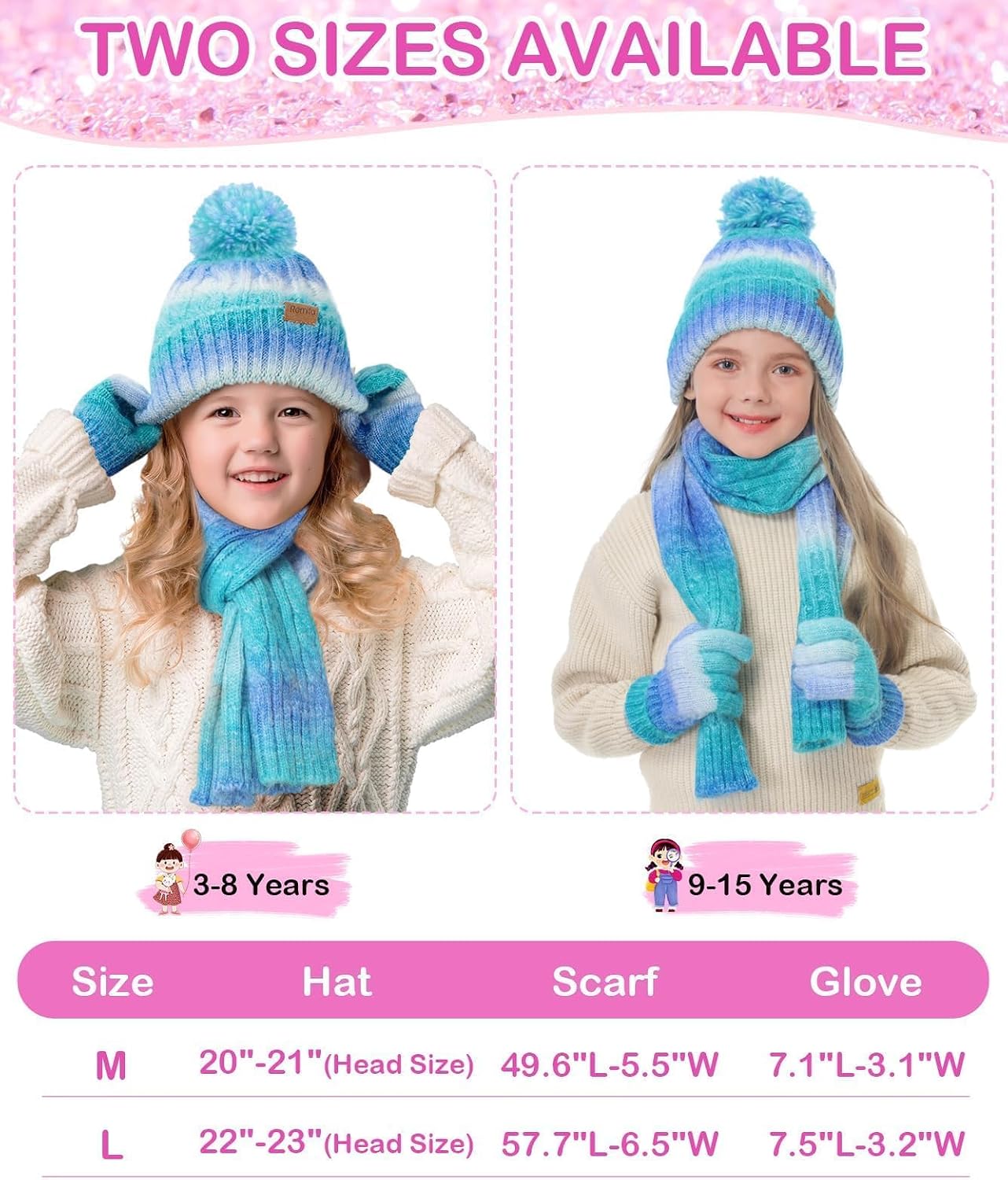 Kids Winter Hat Scarf Gloves Set, Girls Boys Toddler 8% Wool Warm Fleece Beanie Knit Neck Scarf Mittens Christmas Gift