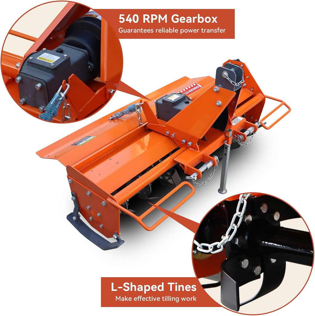 3-Point 42" Rotary Tiller Attachment for Cat 1 Tractor, 540 RPM PTO Driven, 3-Speed Adjustable Depth up to 3/4/5
