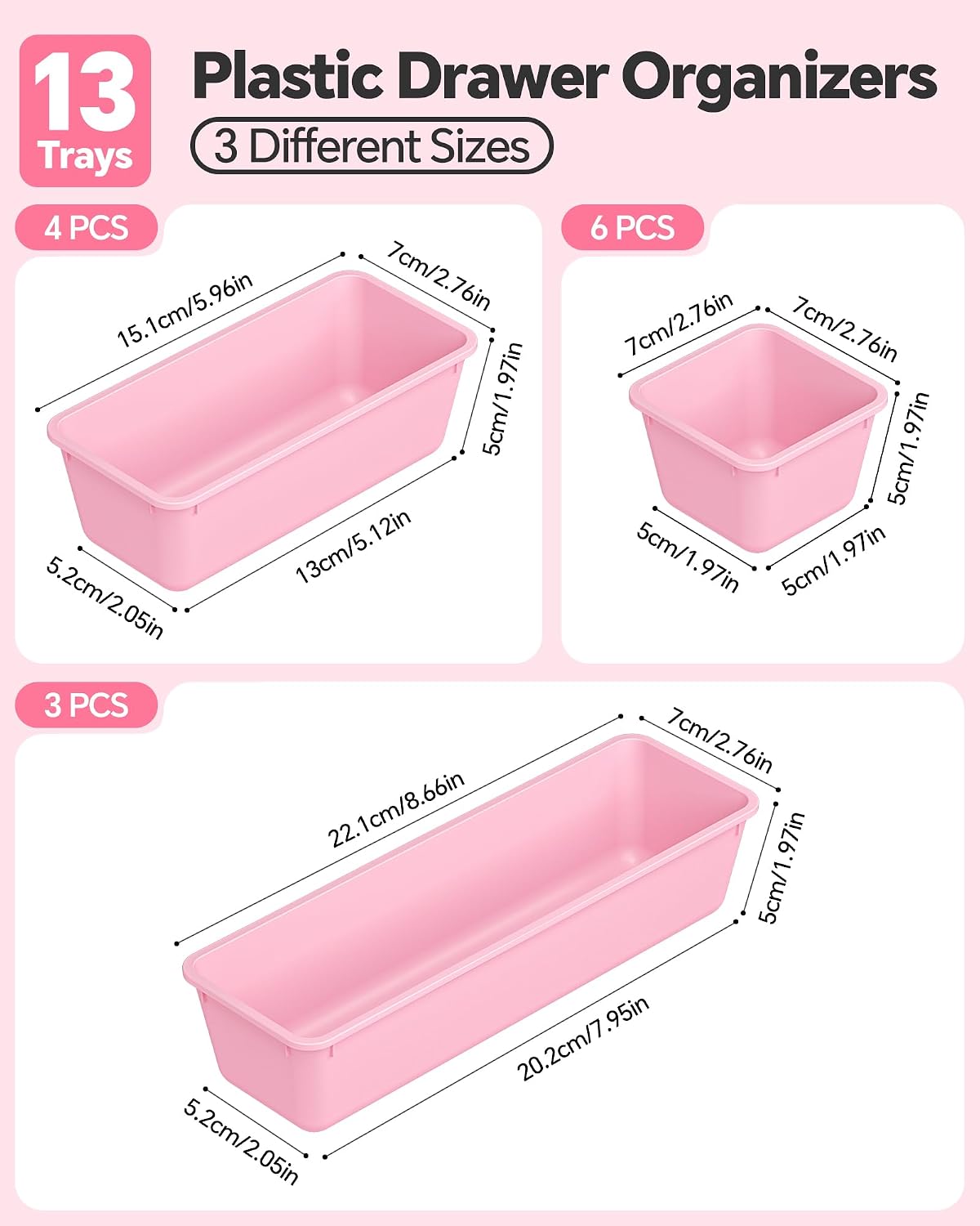 13 Pack Plastic Drawer Organizers Set, 3 Sizes Desk Drawer Organizer Trays for Vanity and Makeup Organizer