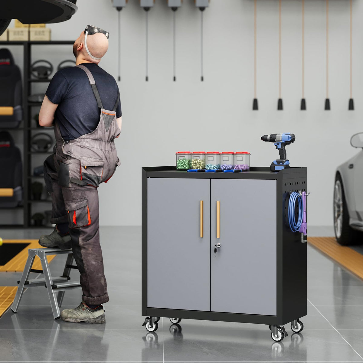 34"Mobile Metal Garage Storage Cabinet,Lockable Tool Storage Cabinet