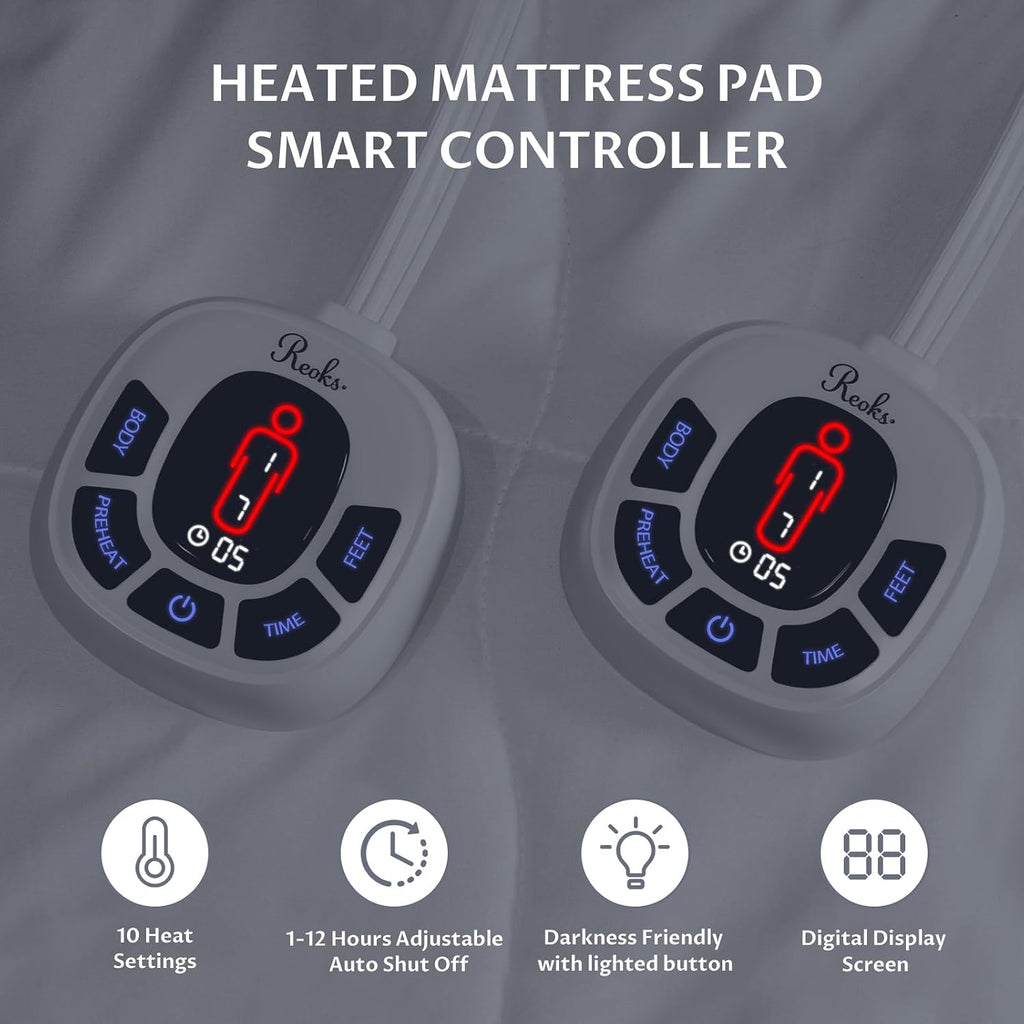Heated Mattress Pad Queen Size, Dual Control, 10 Heat Settings | 4-zone warmth, preheat & memory functions, 1-12 hour