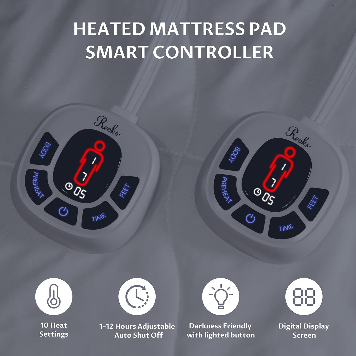 Heated Mattress Pad Queen Size, Dual Control, 10 Heat Settings | 4-zone warmth, preheat & memory functions, 1-12 hour