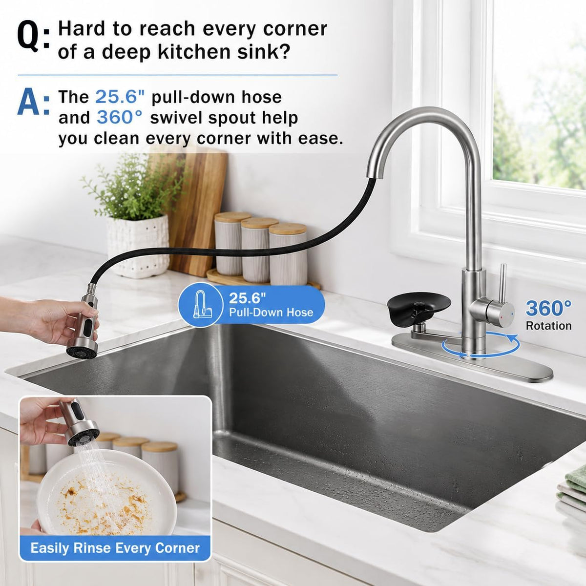 Pull Down Kitchen Faucet with Glass Rinser, 3 Spray Modes, Brushed Nickel