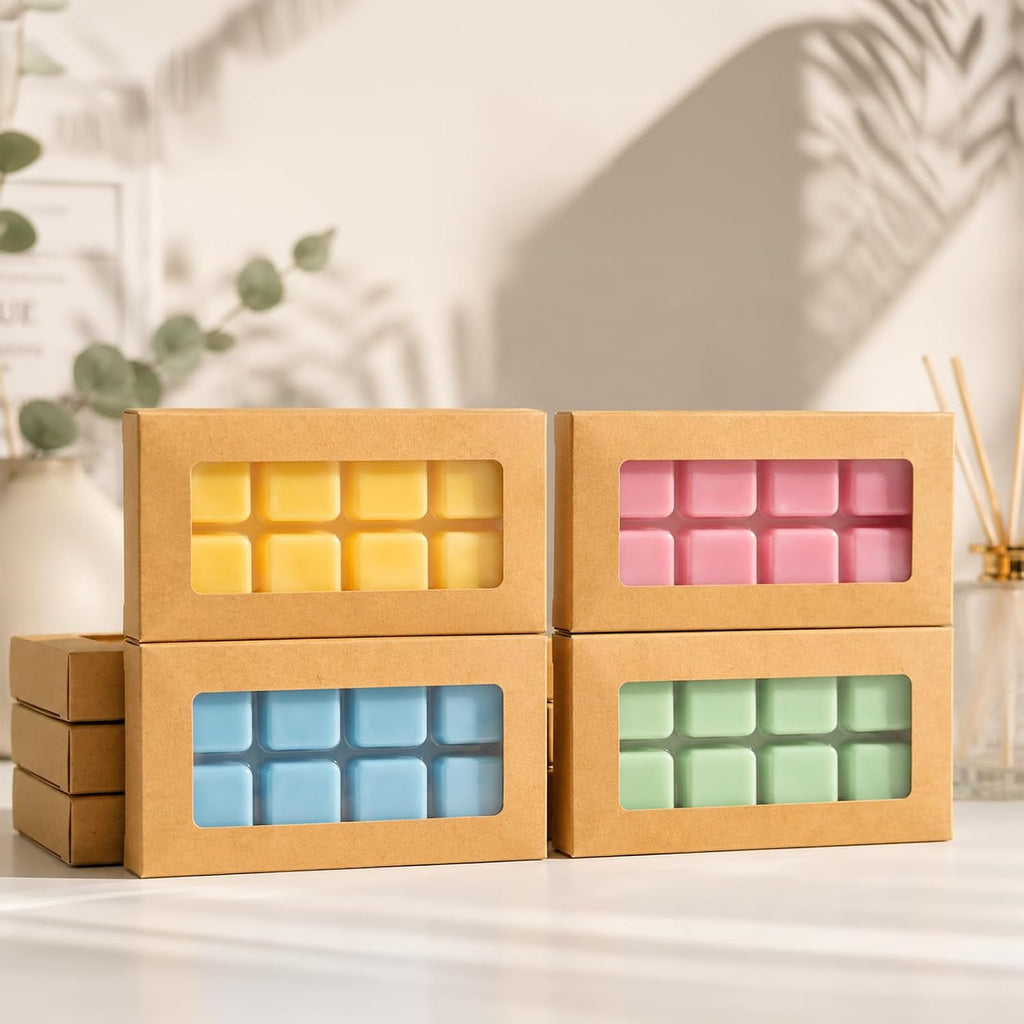 100 Pack Wax Melt Containers Bulk, Brown Kraft Paper Gift Boxes with Clear Window and 8-Cavity Plastic Wax Melt Molds