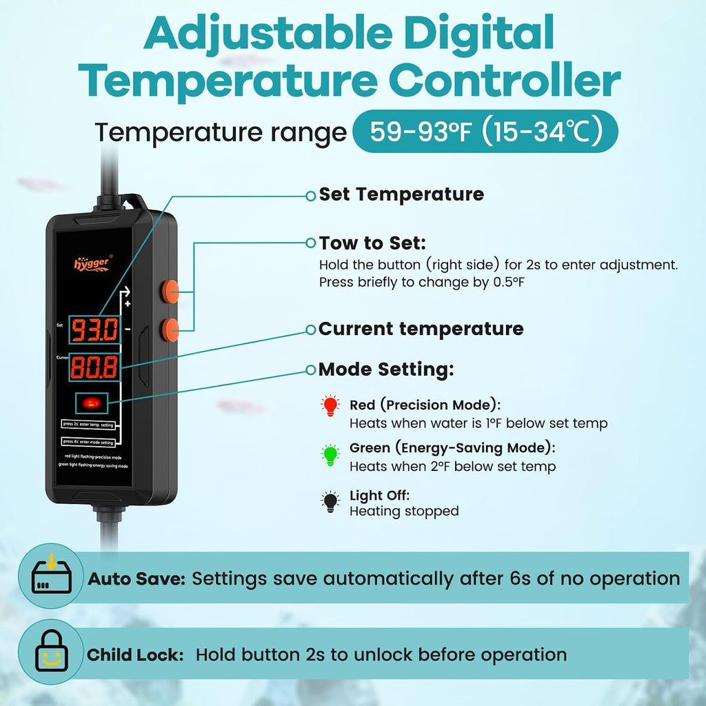 500W Aquarium Submersible Heater with Controller for 65–130 Gal Tank